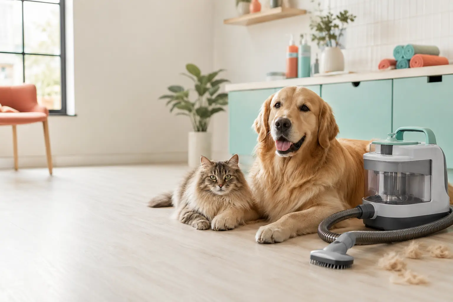 A relaxed dog and cat beside a generic pet grooming vacuum in a bright grooming studio